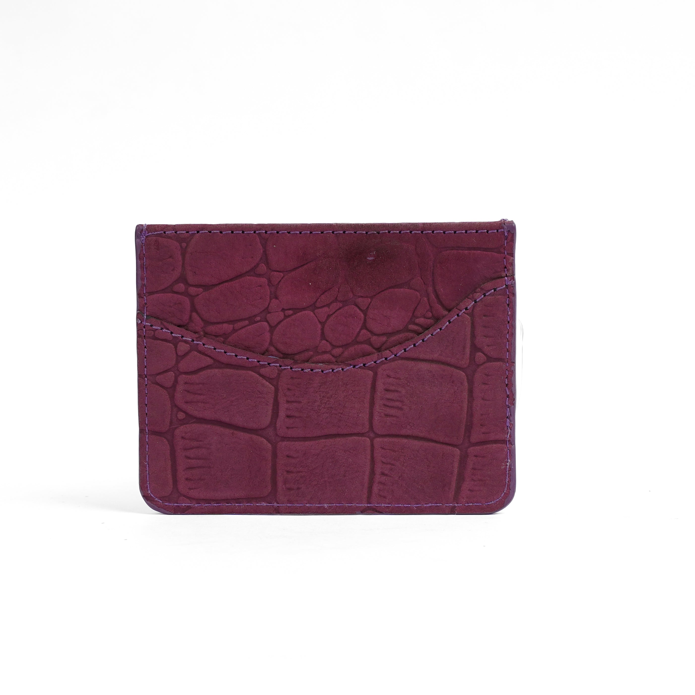 Maroon crocodile-textured cardholder with 'Zaya' branding on a white background