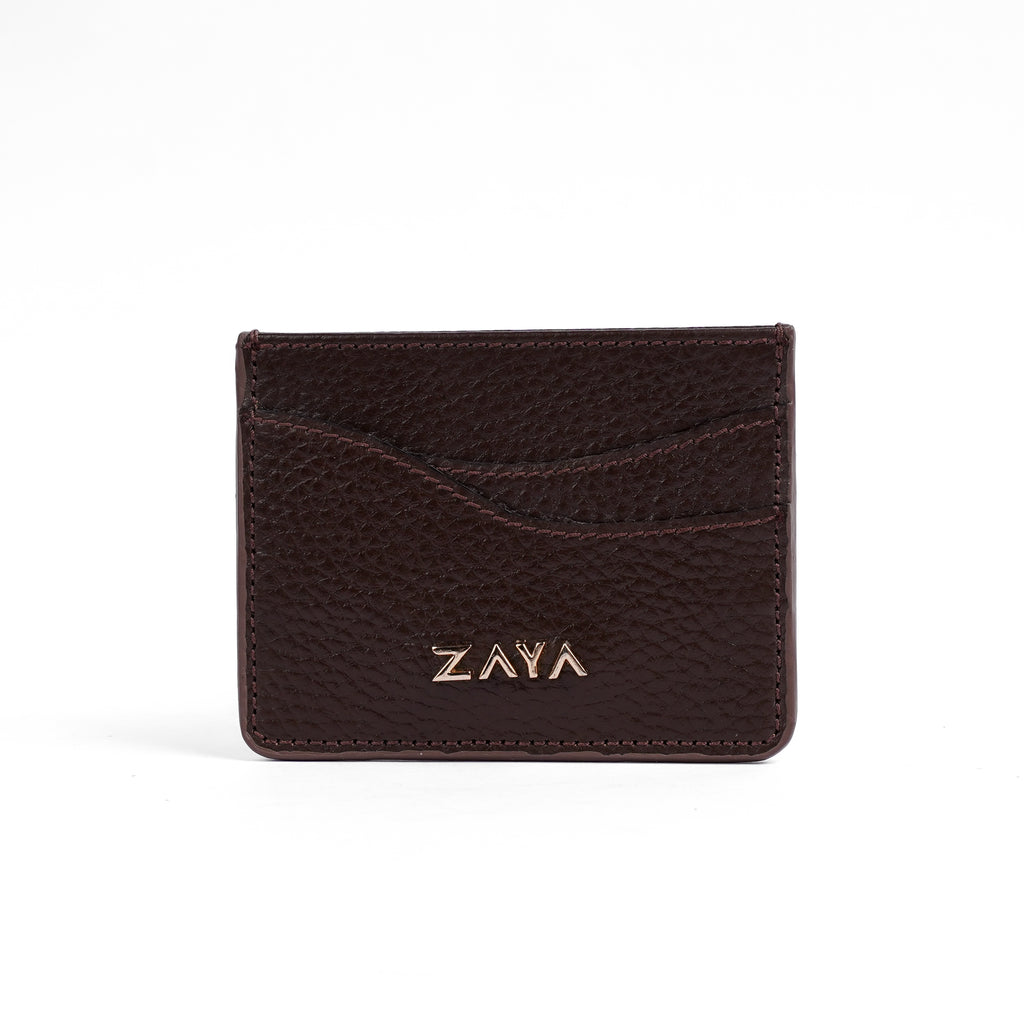 Genuine Brown leather cardholder with 'ZAYA' branding on a white background