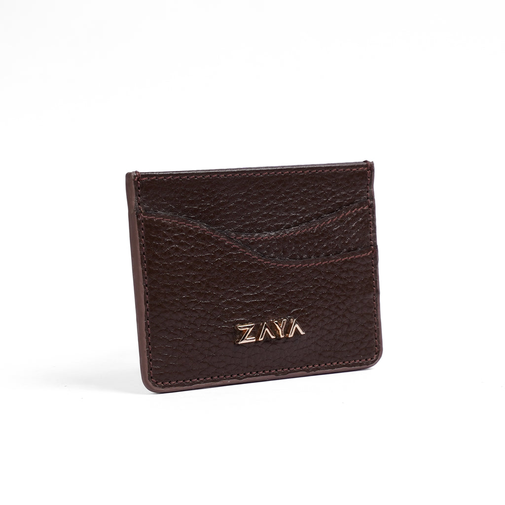 Genuine Brown leather cardholder with 'Zava' branding on a white background