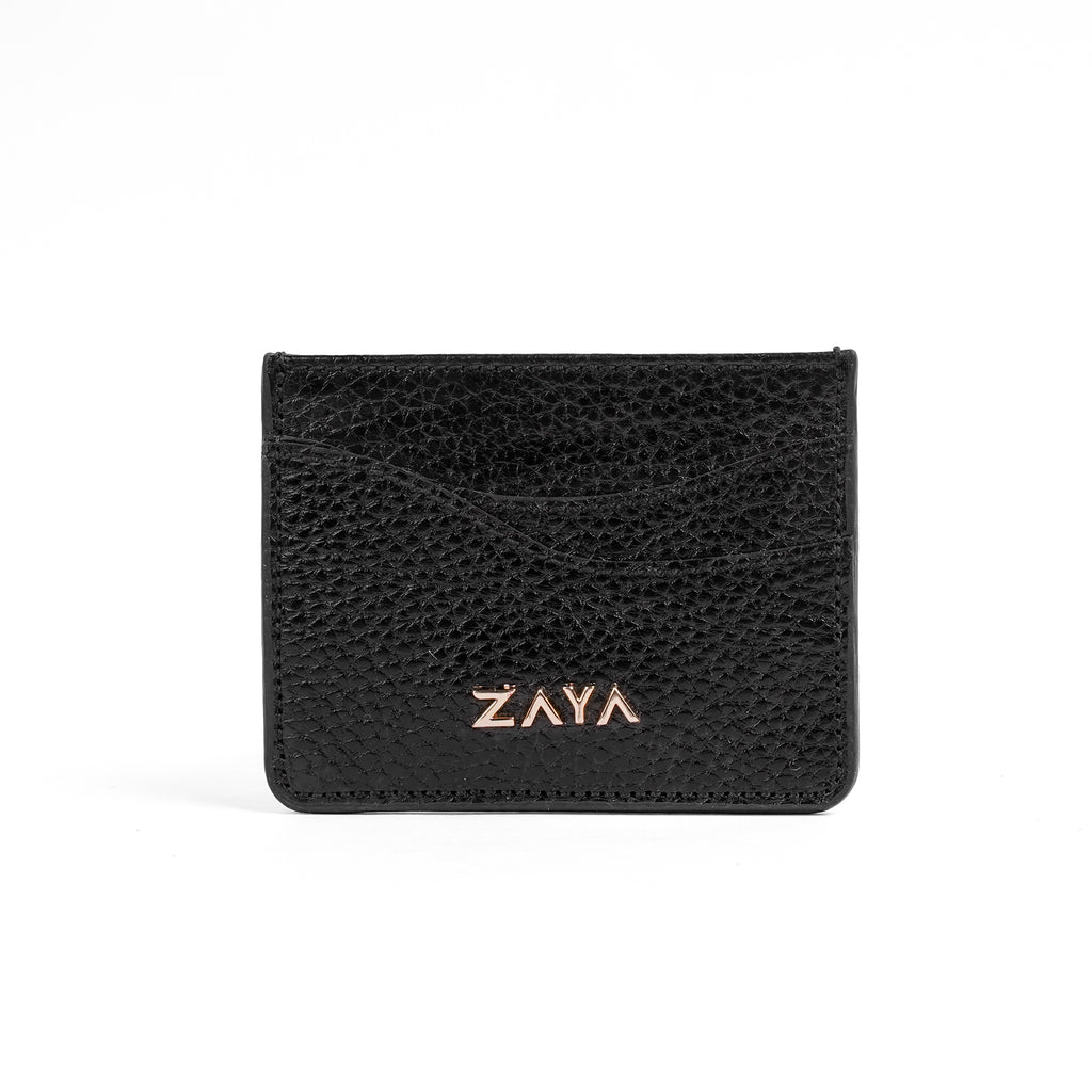 Genuine Black leather cardholder with 'ZAYA' branding on a white background
