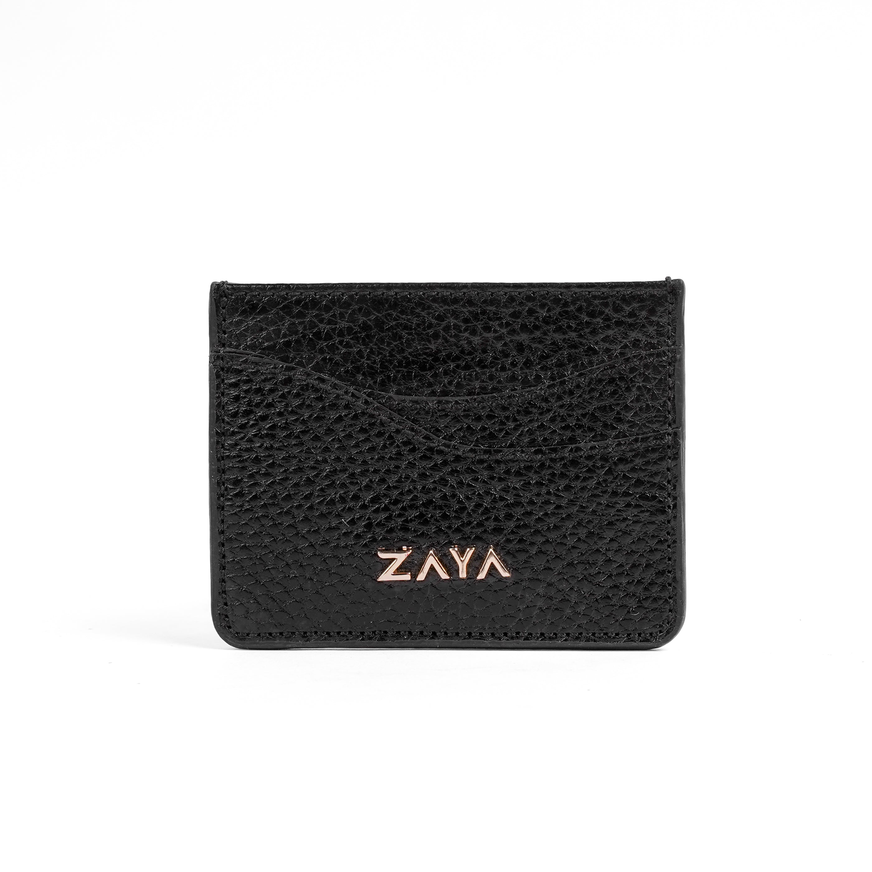 Genuine Black leather cardholder with 'ZAYA' branding on a white background