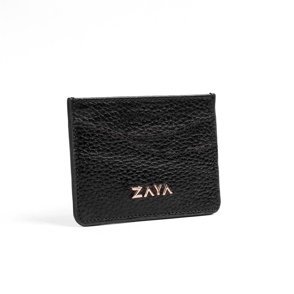 Genuine Black leather cardholder with 'Zaya' branding on a white background