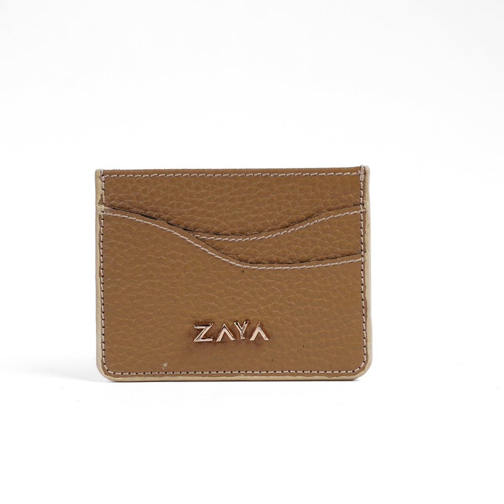 Genuine Biege leather cardholder with 'Zaya' branding on a white background