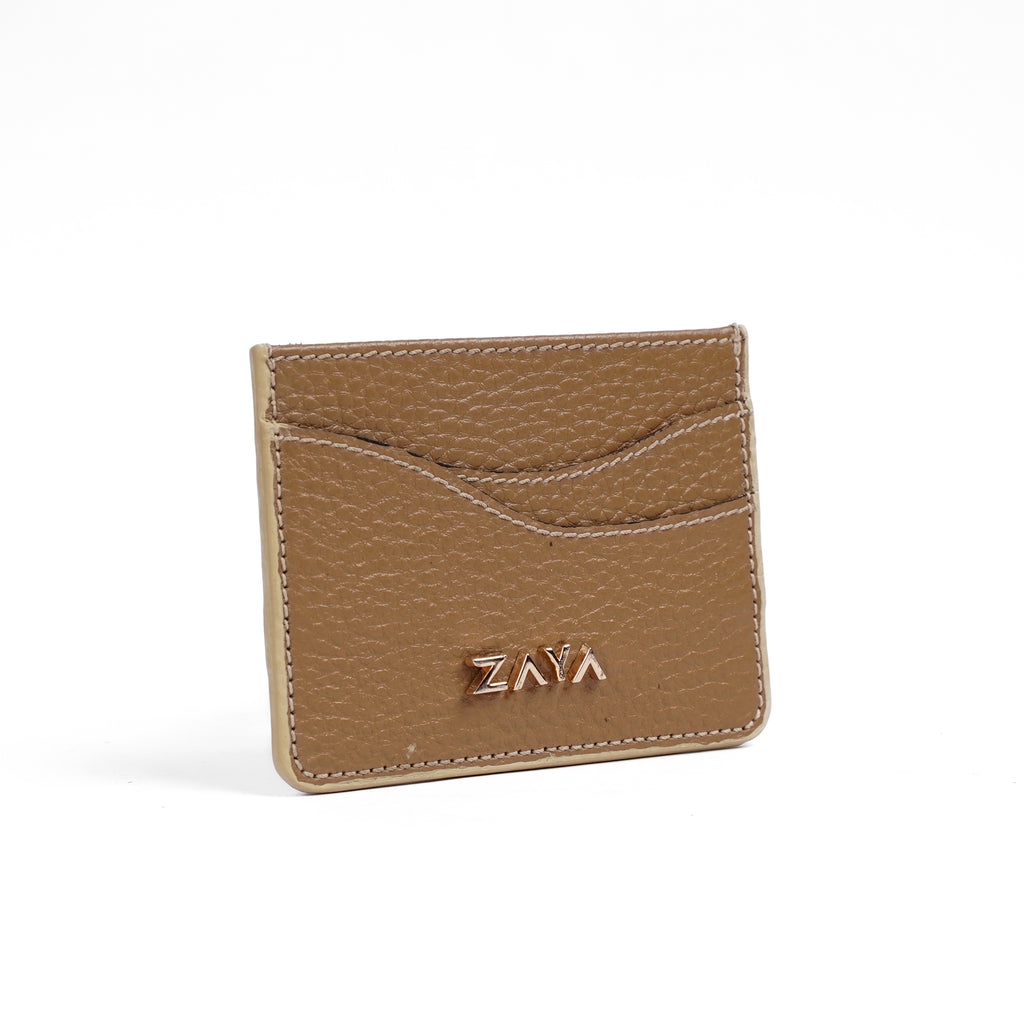 Genuine Biege leather cardholder with 'Zaya' branding on a white background